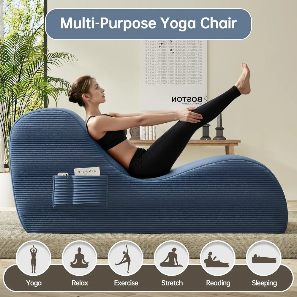 Woman using a blue multi-purpose intimacy chair in a home setting