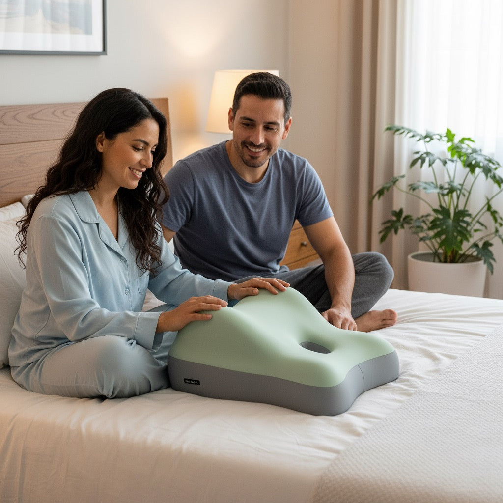 A woman in pajamas and a man in casual clothes sit on a bed, smiling and touching the Todle Couple Pillow. The softly lit bedroom features a nightstand with a lamp and a potted plant by the window.