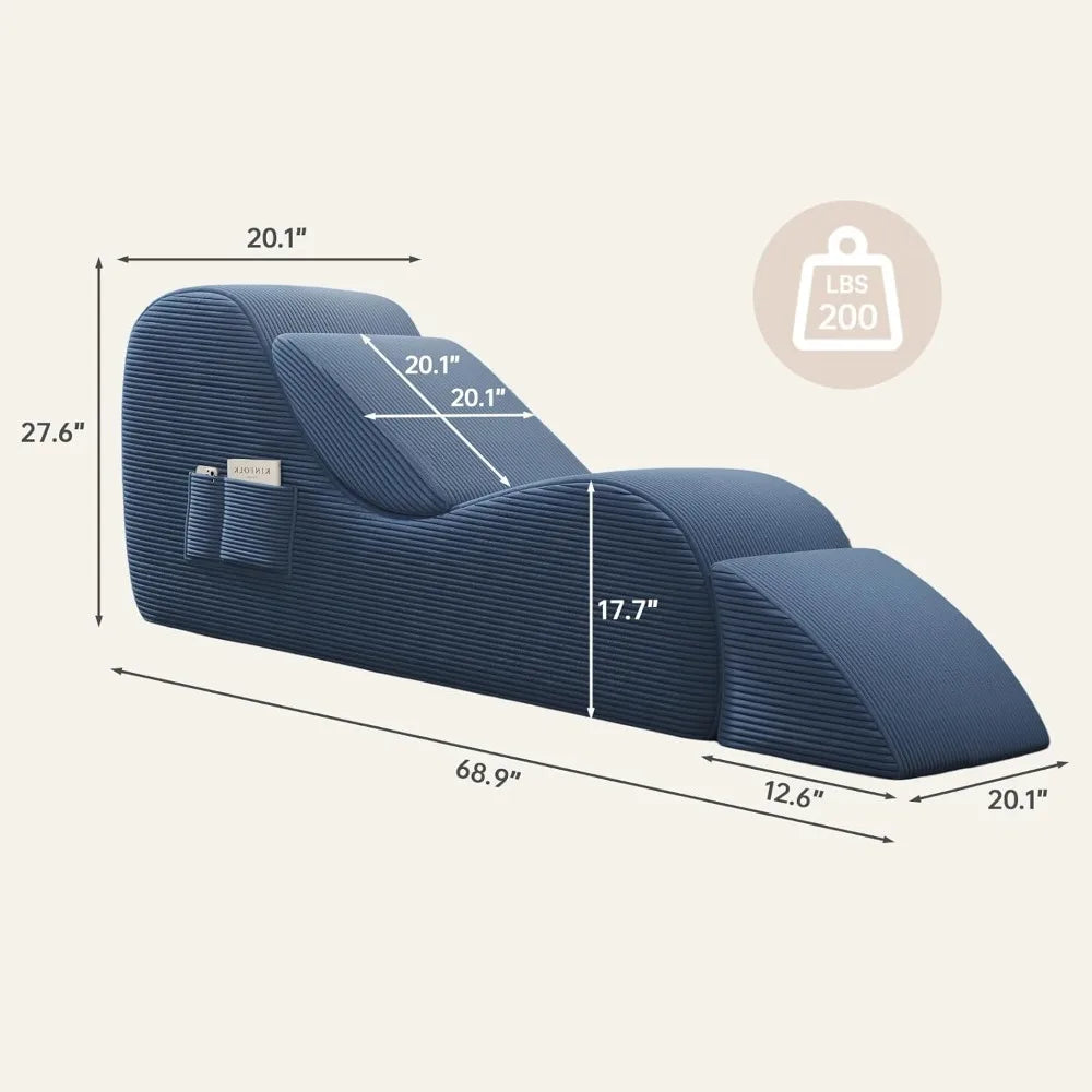 Blue ergonomic pillow with measurements on a white background
