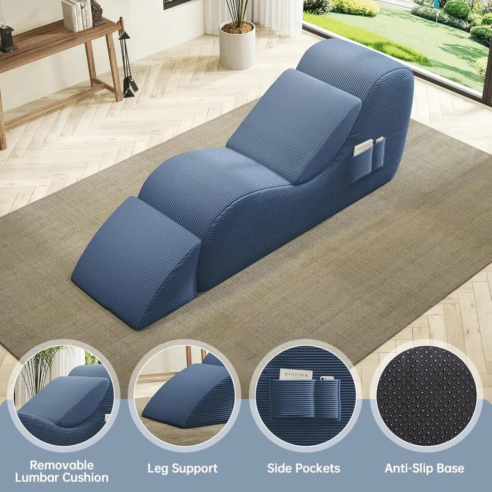Blue wedge-shaped pillow with features highlighted on a living room floor.