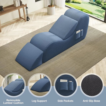 Blue wedge-shaped pillow with features highlighted on a living room floor.