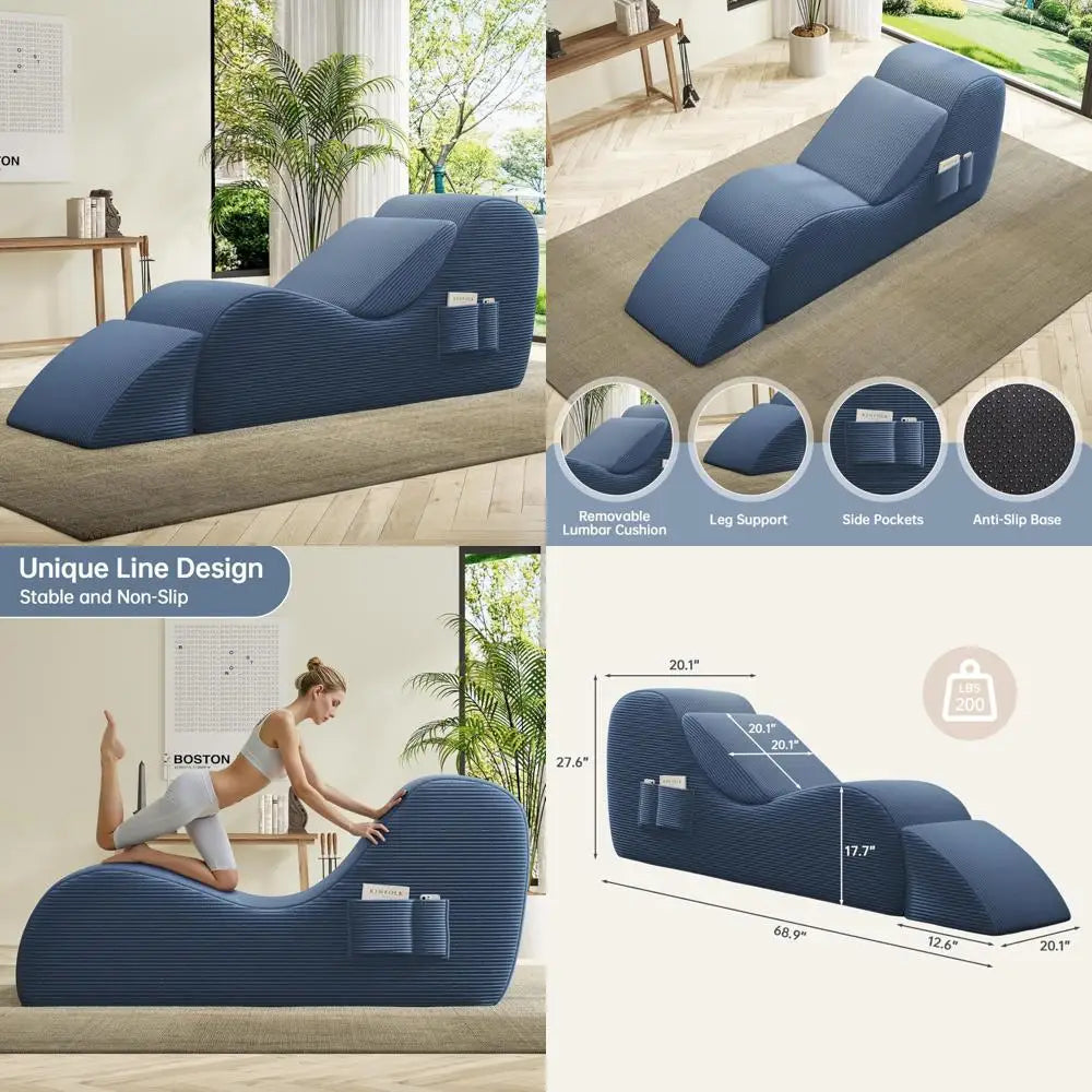 Blue ergonomic office chair with various features highlighted in a collage.