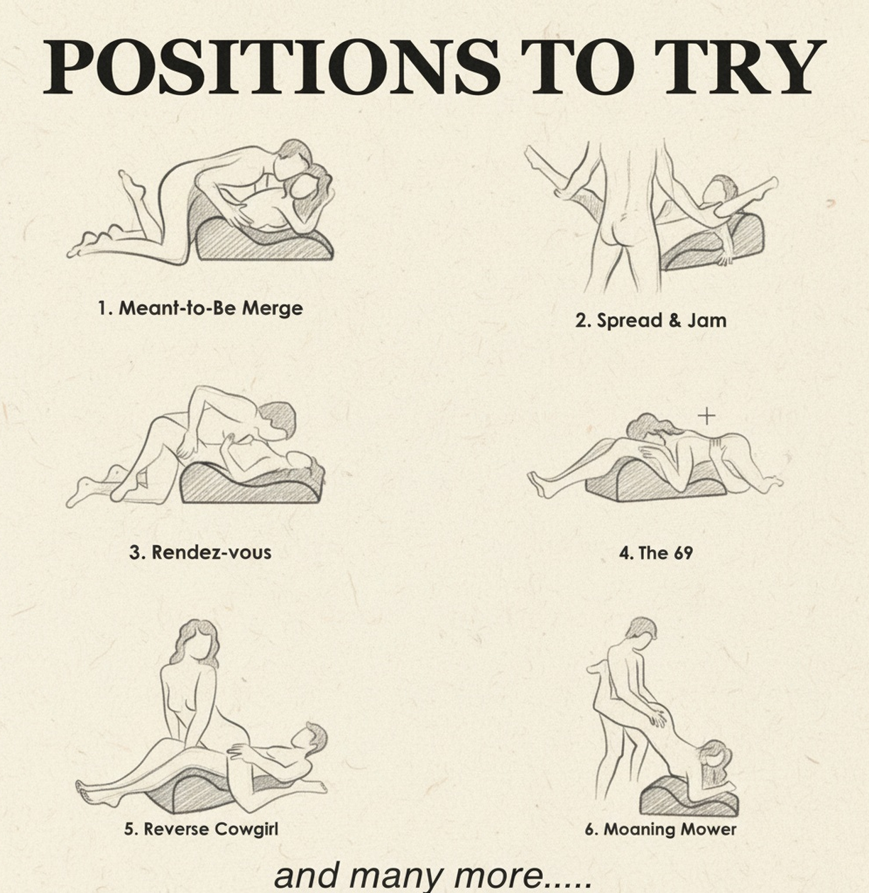 Six illustrated couple sex positions—Meant-to-Be Merge, Spread & Jam, Rendez-vous, The 69, Reverse Cowgirl, Moaning Mower—are shown under the title “Positions to Try with Todle Couple Pillow,” plus more listed at the bottom. Perfect for couples.