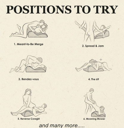 Six illustrated couple sex positions—Meant-to-Be Merge, Spread & Jam, Rendez-vous, The 69, Reverse Cowgirl, Moaning Mower—are shown under the title “Positions to Try with Todle Couple Pillow,” plus more listed at the bottom. Perfect for couples.